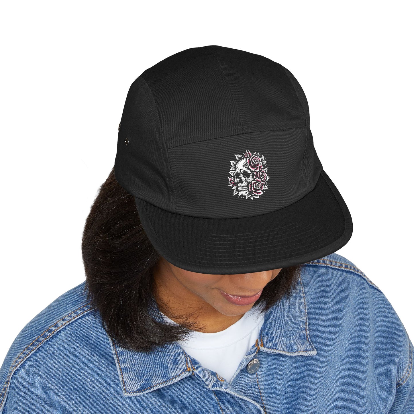 Thread and Thorn Skull Embroidered 5 Panel Cap - Floral Skull Design, Adjustable Hat, Streetwear Accessory, Unisex Headwear, Gift for Him/Her