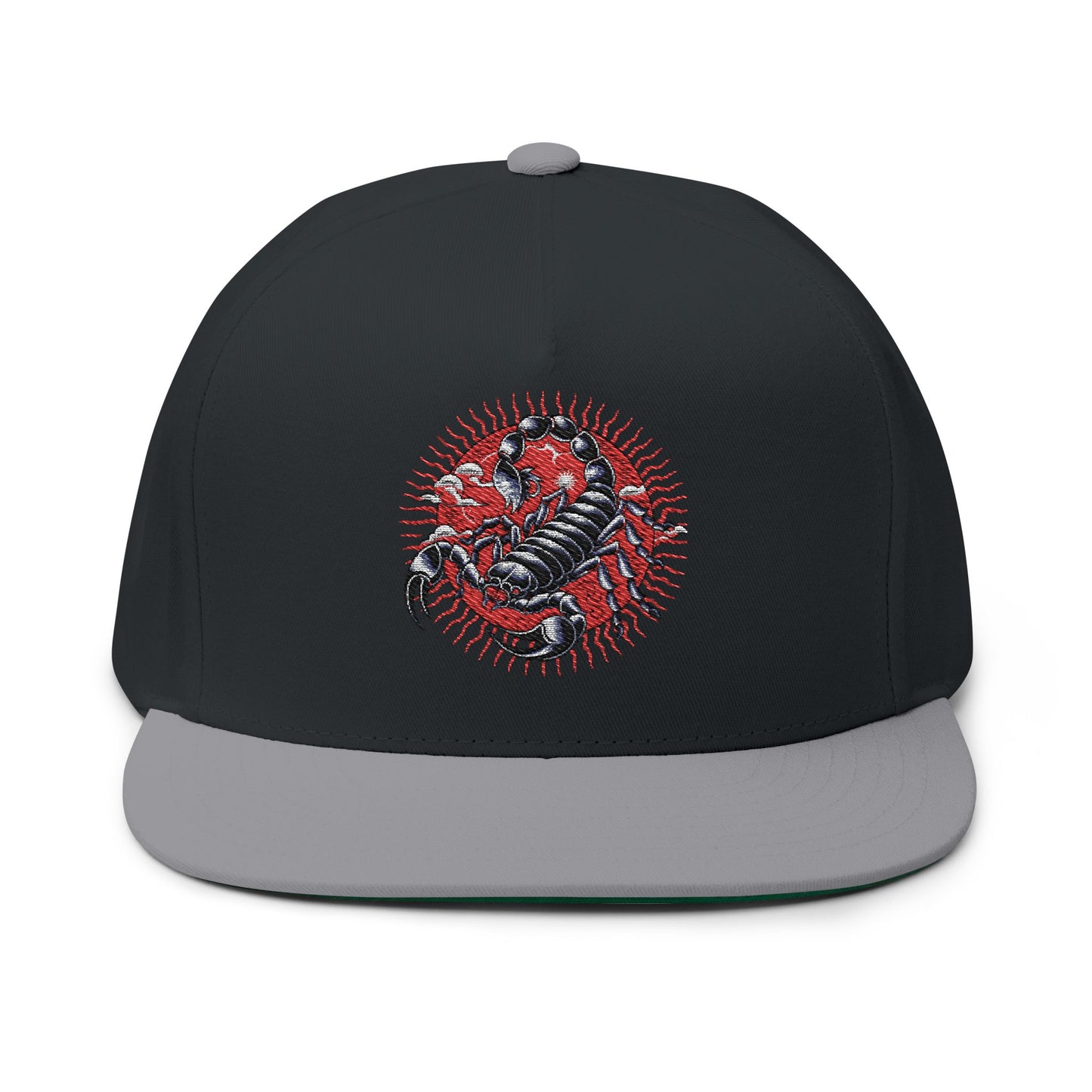 Thread and Thorn Embroidered Flat Bill Cap with Scorpion Design, Trendy Snapback Hat, Perfect for Outdoors, Casual Fashion, Unique Gift Idea