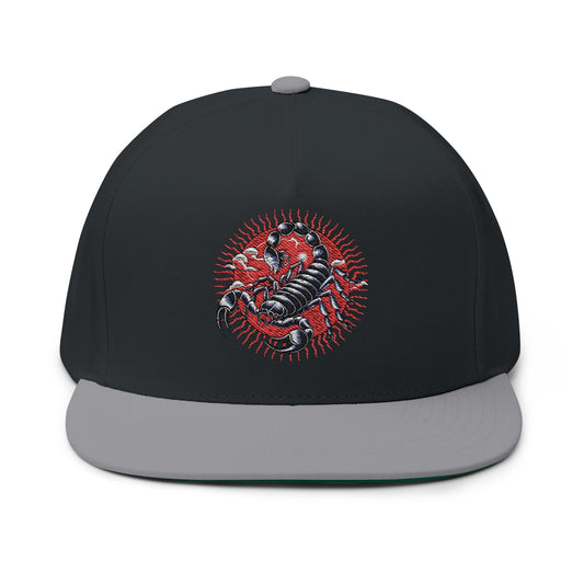 Thread and Thorn Embroidered Flat Bill Cap with Scorpion Design, Trendy Snapback Hat, Perfect for Outdoors, Casual Fashion, Unique Gift Idea
