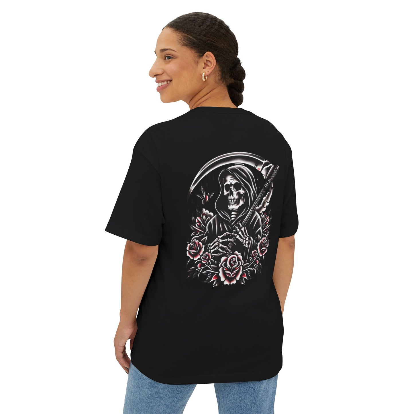 Grim Reaper Floral Oversized Tee, Unisex Tee, Casual Wear, Cool Streetwear, Halloween Apparel, Unique Graphic T-Shirt