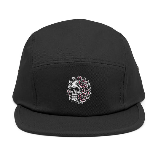 Thread and Thorn Skull Embroidered 5 Panel Cap - Floral Skull Design, Adjustable Hat, Streetwear Accessory, Unisex Headwear, Gift for Him/Her
