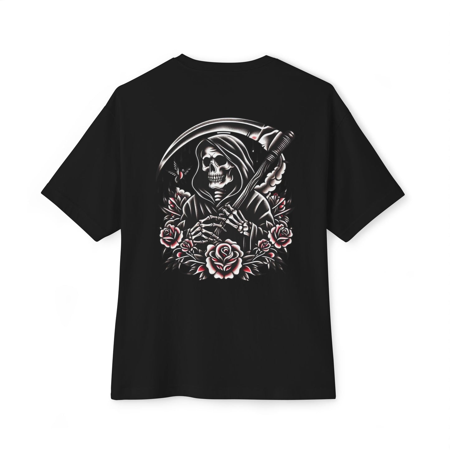 Grim Reaper Floral Oversized Tee, Unisex Tee, Casual Wear, Cool Streetwear, Halloween Apparel, Unique Graphic T-Shirt