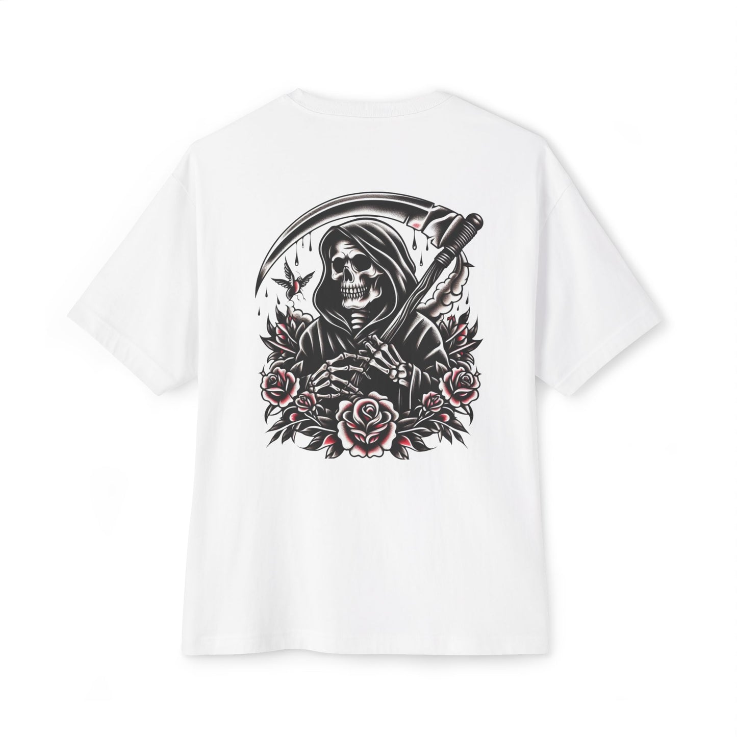 Grim Reaper Floral Oversized Tee, Unisex Tee, Casual Wear, Cool Streetwear, Halloween Apparel, Unique Graphic T-Shirt