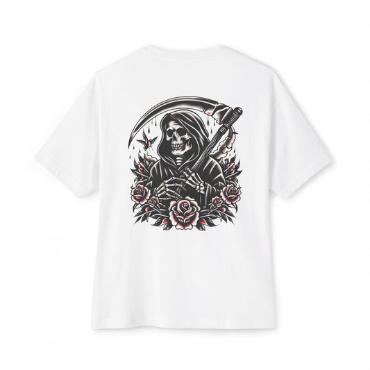 Grim Reaper Floral Oversized Tee, Unisex Tee, Casual Wear, Cool Streetwear, Halloween Apparel, Unique Graphic T-Shirt
