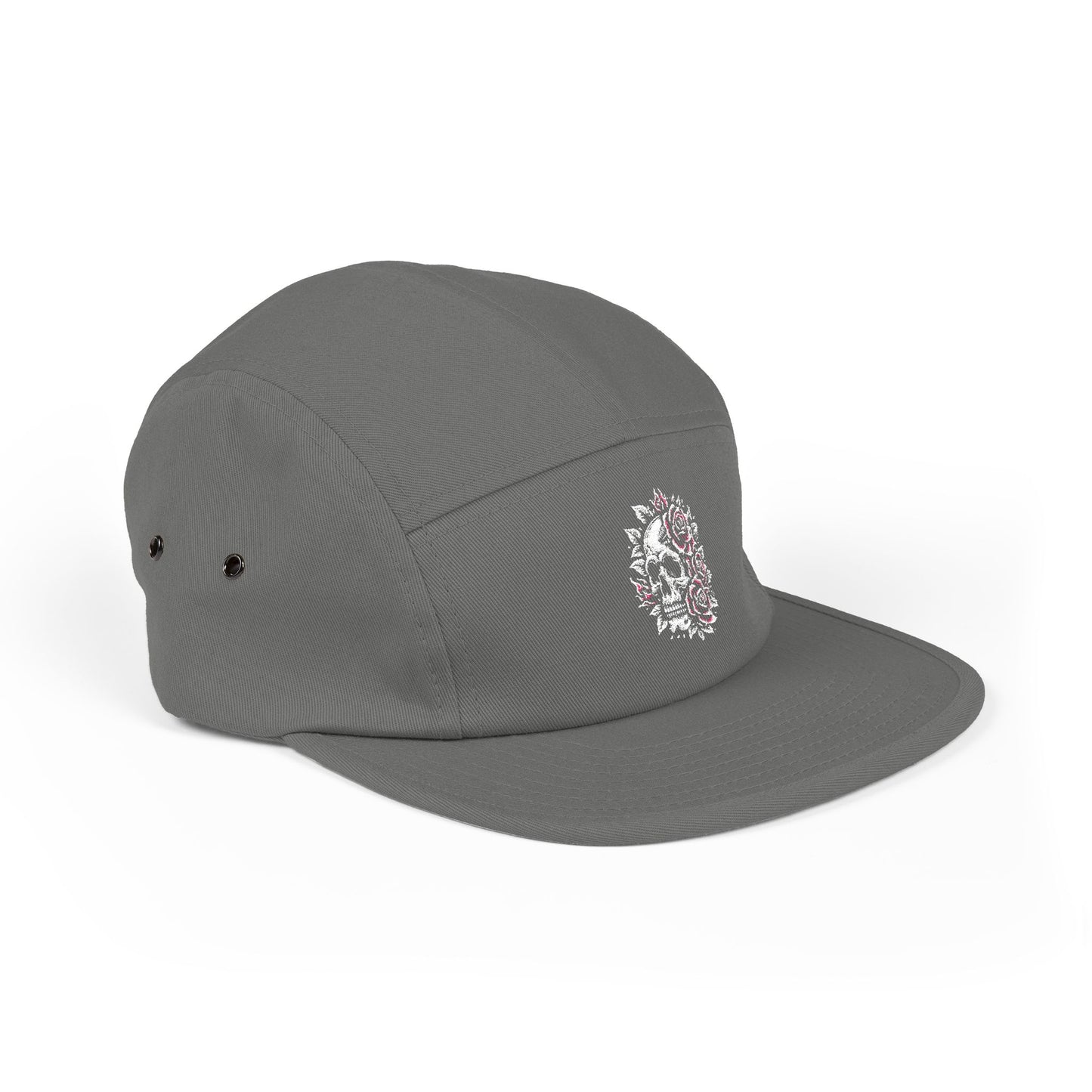 Thread and Thorn Skull Embroidered 5 Panel Cap - Floral Skull Design, Adjustable Hat, Streetwear Accessory, Unisex Headwear, Gift for Him/Her