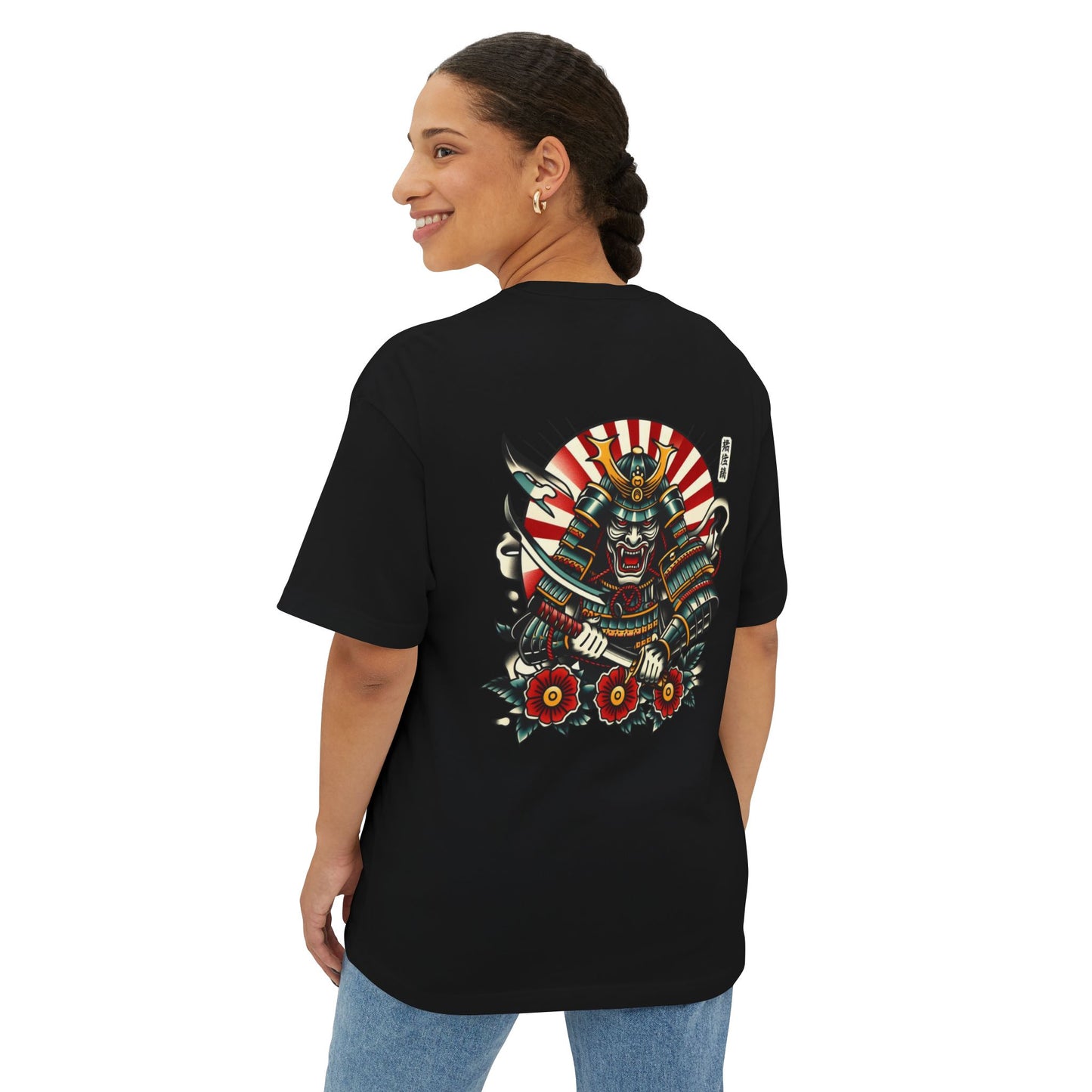 Thread and Thorn Unisex Oversized Boxy Tee with Samurai Design, Streetwear, Graphic Tee, Casual Outfit, Gift for Him/Her