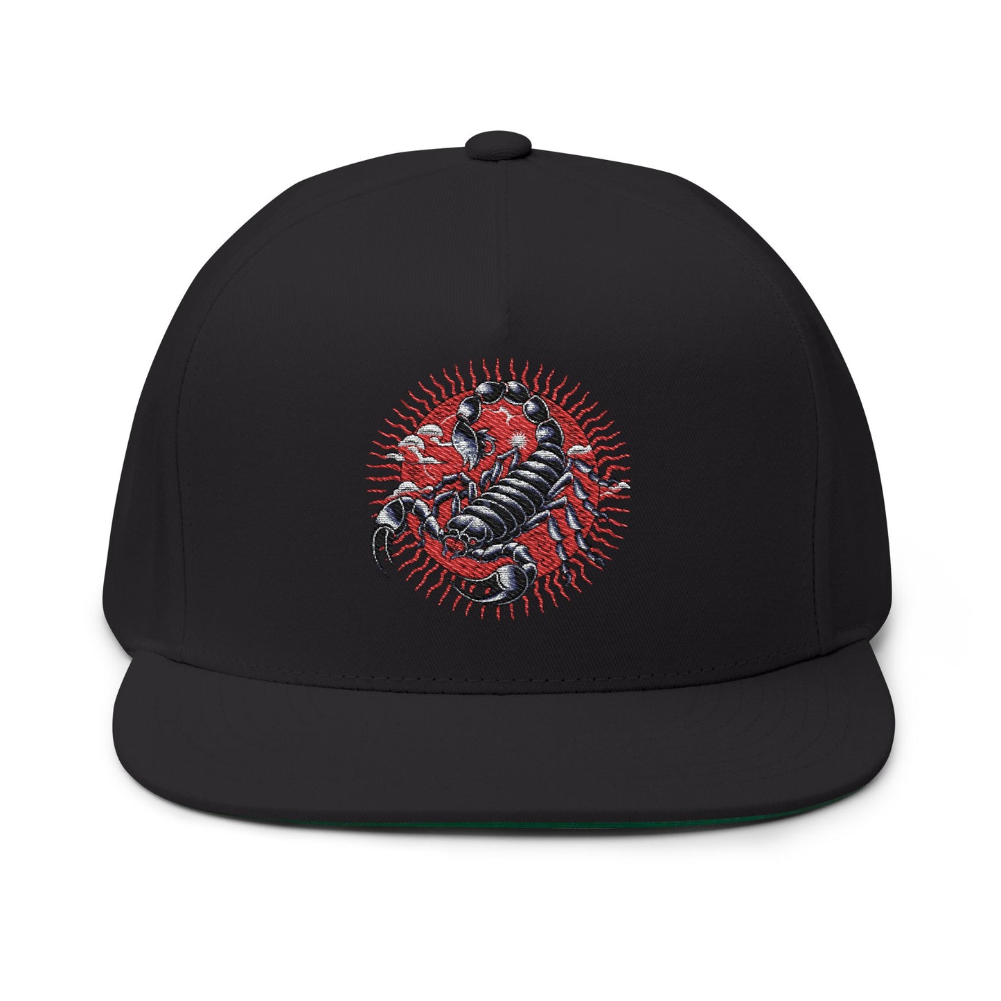 Thread and Thorn Embroidered Flat Bill Cap with Scorpion Design, Trendy Snapback Hat, Perfect for Outdoors, Casual Fashion, Unique Gift Idea