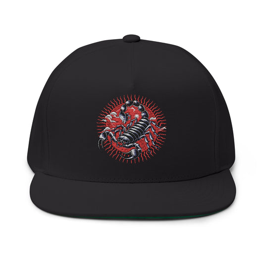 Thread and Thorn Embroidered Flat Bill Cap with Scorpion Design, Trendy Snapback Hat, Perfect for Outdoors, Casual Fashion, Unique Gift Idea