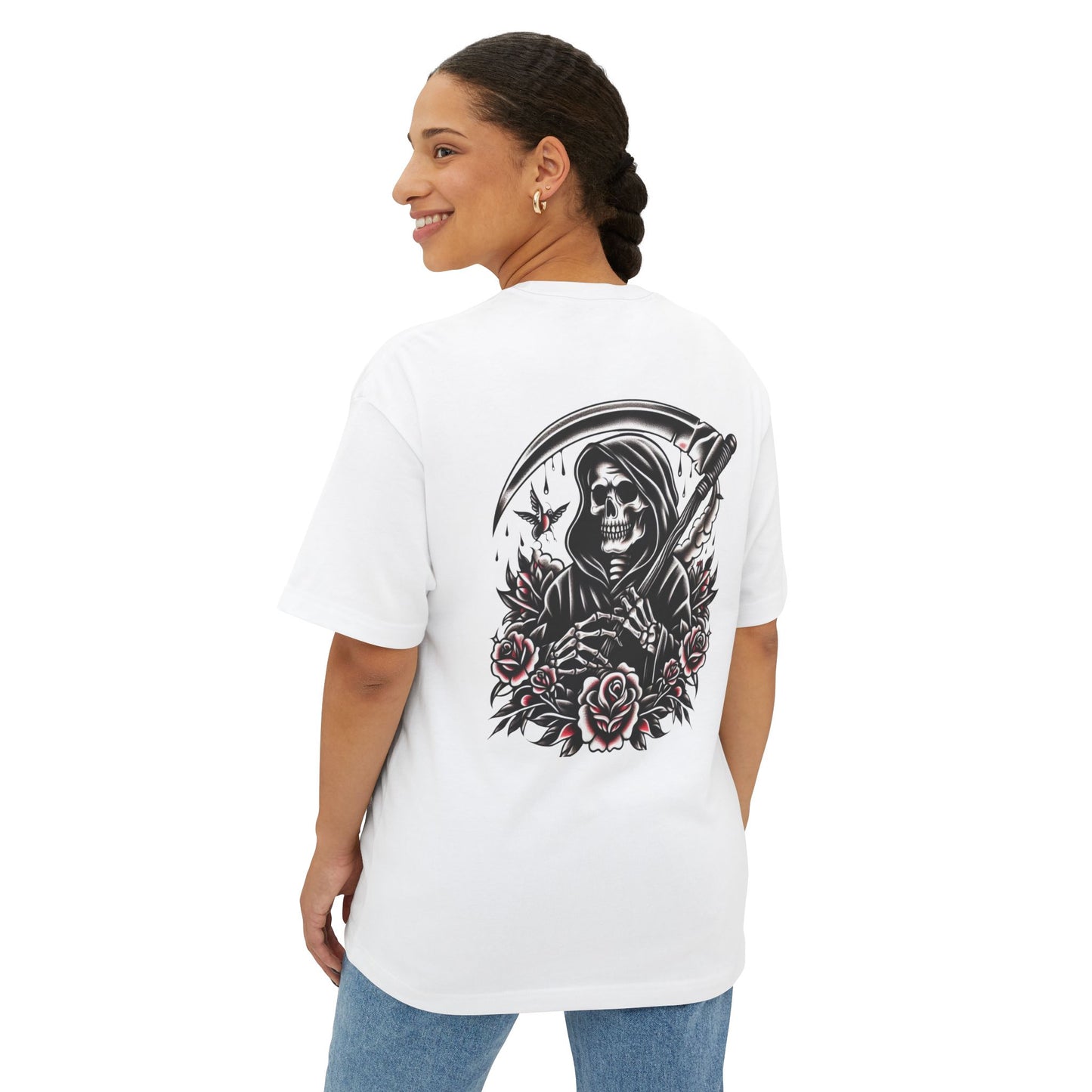 Grim Reaper Floral Oversized Tee, Unisex Tee, Casual Wear, Cool Streetwear, Halloween Apparel, Unique Graphic T-Shirt