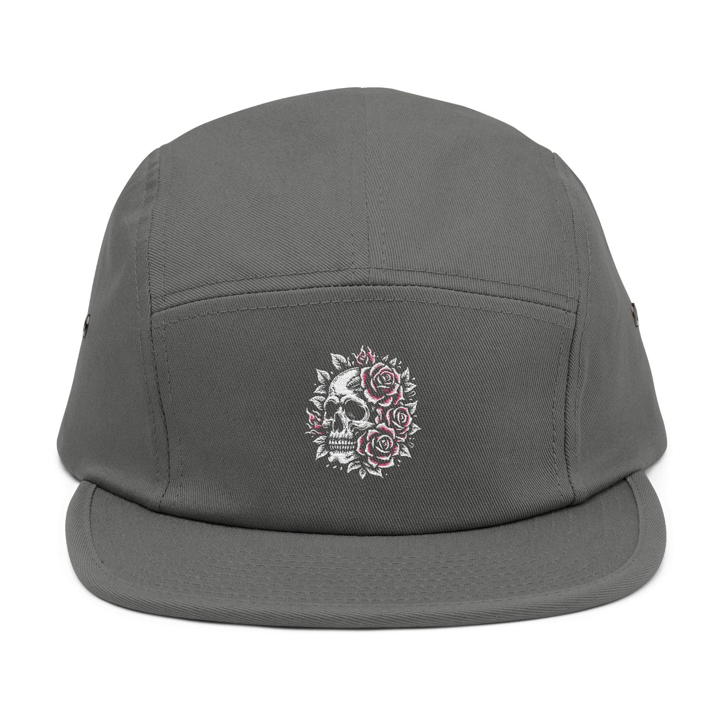 Thread and Thorn Skull Embroidered 5 Panel Cap - Floral Skull Design, Adjustable Hat, Streetwear Accessory, Unisex Headwear, Gift for Him/Her