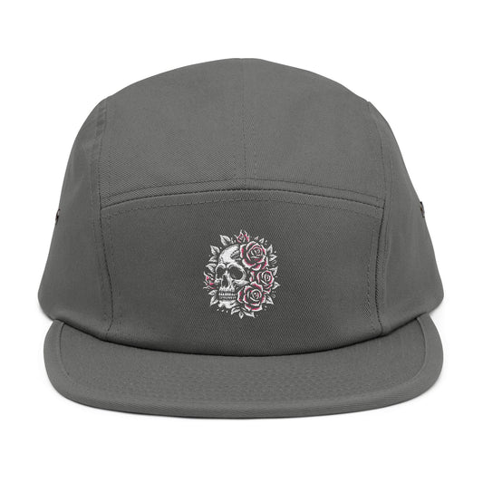 Thread and Thorn Skull Embroidered 5 Panel Cap - Floral Skull Design, Adjustable Hat, Streetwear Accessory, Unisex Headwear, Gift for Him/Her